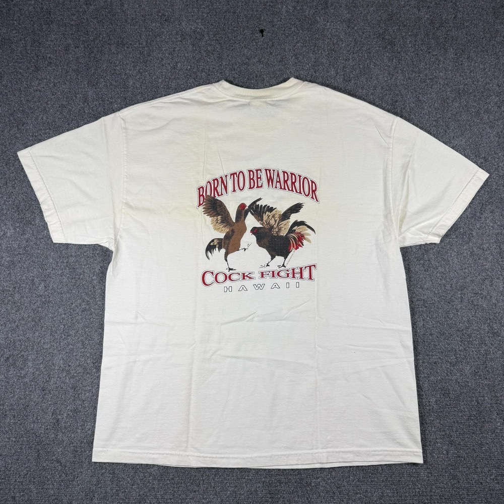 Vintage 90s "Born to be Warrior" Hawaii Cockfight White Graphic T-shirt 2XL Y2K